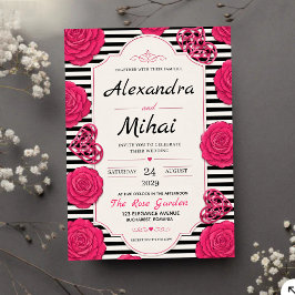Pink Rose Black and White Stripe Floral アクリル招待状