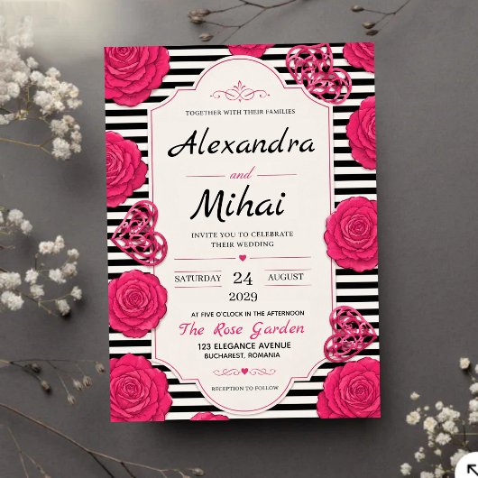 Pink Rose Black and White Stripe Floral アクリル招待状