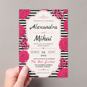 Pink Rose Black and White Stripe Floral アクリル招待状 (インサイチュ (ポータブル))
