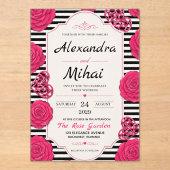 Pink Rose Black and White Stripe Floral アクリル招待状 (正面)