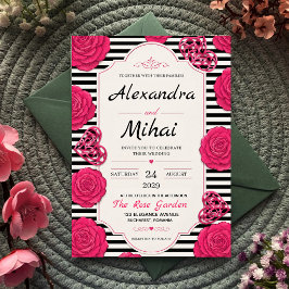 Pink Rose Black and White Stripe Floral 招待状