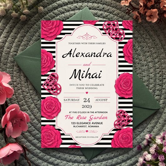 Pink Rose Black and White Stripe Floral 招待状