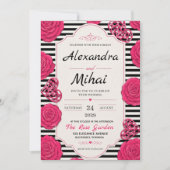 Pink Rose Black and White Stripe Floral 招待状 (正面)