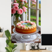 Pink Rose Bouquet by Window and Elegant Cake ポスター (ホームオフィス)