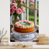 Pink Rose Bouquet by Window and Elegant Cake ポスター (キッチン)