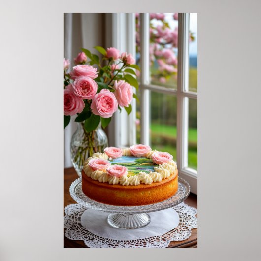 Pink Rose Bouquet by Window and Elegant Cake ポスター (正面)