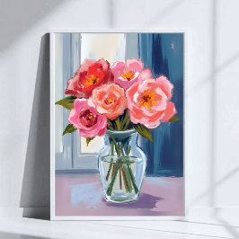 Pink Rose Bouquet Glass Vase Romantic Floral ポスター