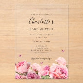 Pink Rose Butterfly Girl Baby Shower  アクリル招待状 (正面)