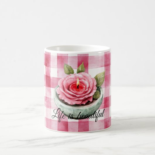  Pink Rose Candle Plaid  コーヒーマグカップ (中央)