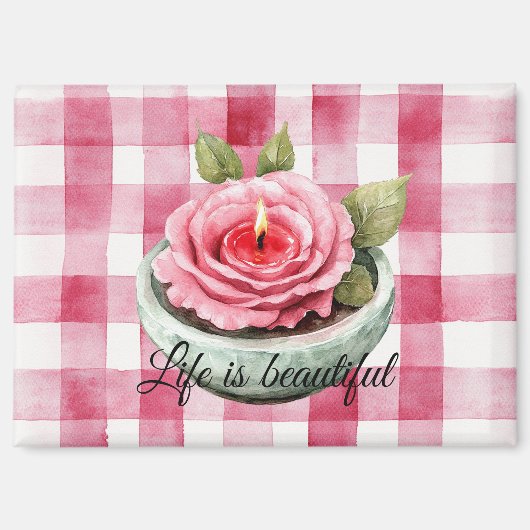  Pink Rose Candle Plaid  マグネット (正面)