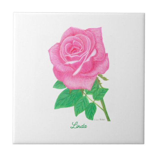 Pink Rose Ceramic Tile With Text タイル (正面)