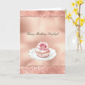 Pink Rose Cupcake Gold Glam Glitter Birthday カード (黄色い花)