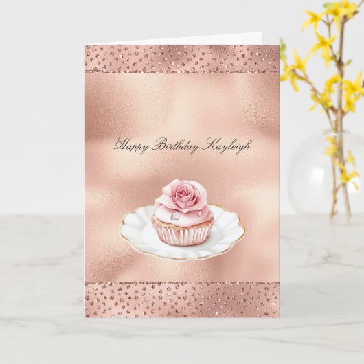 Pink Rose Cupcake Gold Glam Glitter Birthday   カード (黄色い花)