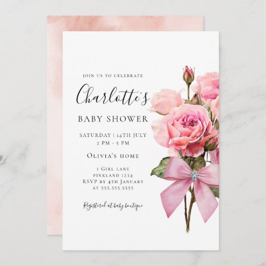 Pink Rose Diamond Bow Girl Baby Shower Invitation 招待状 (正面/裏面)