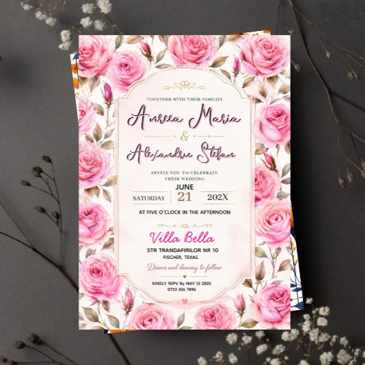 Pink Rose Elegant Floral Romantic Blush Rose 招待状