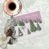 Pink Rose Enchanted Forest Foil Holiday Card カード