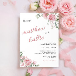 Pink Rose Eucalyptus Watercolor Wedding Invitation 招待状
