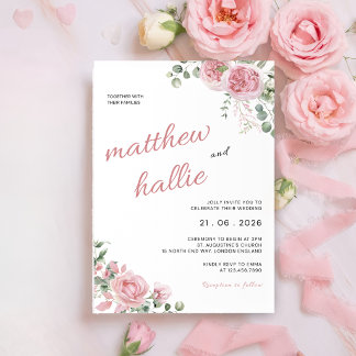 Pink Rose Eucalyptus Watercolor Wedding Invitation 招待状
