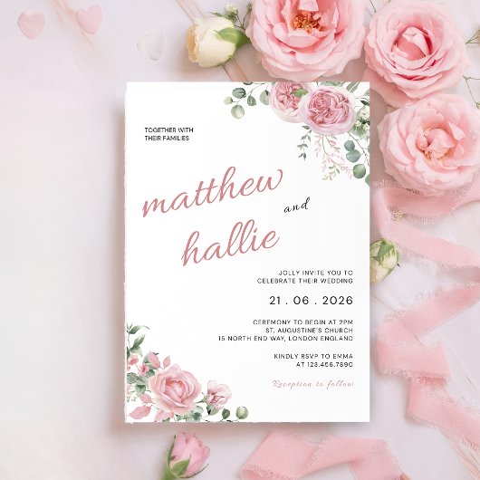 Pink Rose Eucalyptus Watercolor Wedding Invitation 招待状