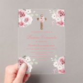 Pink rose first communion invitation in spanish  アクリル招待状 (インサイチュ (ポータブル))