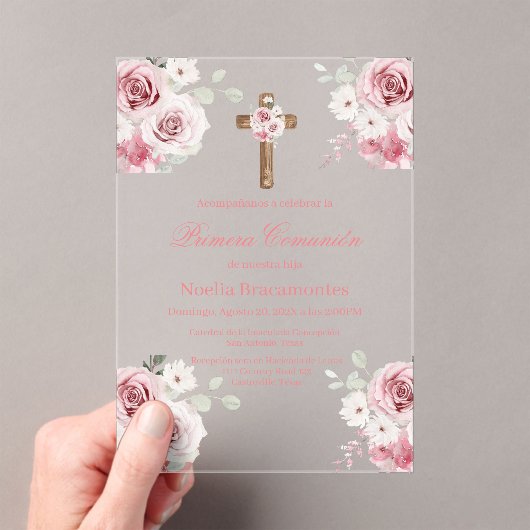 Pink rose first communion invitation in spanish  アクリル招待状 (インサイチュ (ポータブル))