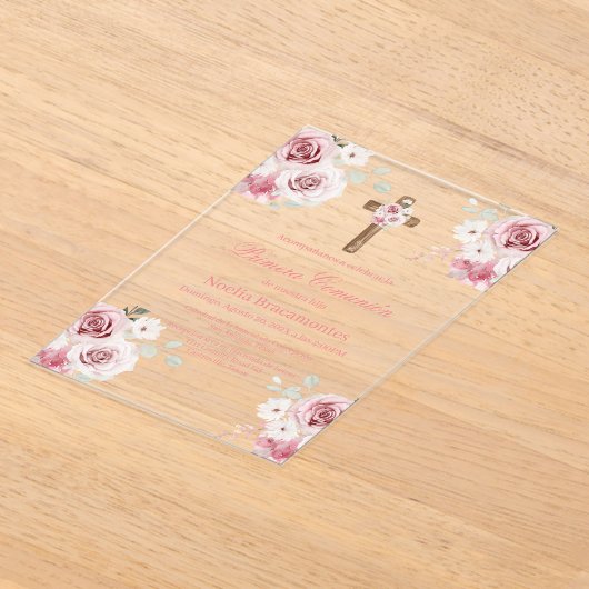 Pink rose first communion invitation in spanish  アクリル招待状 (レイダウン)