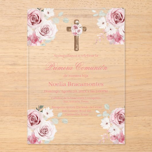 Pink rose first communion invitation in spanish  アクリル招待状 (正面)