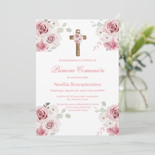 Pink rose first communion invitation in spanish  招待状 (スタンド正面)