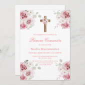 Pink rose first communion invitation in spanish  招待状 (正面/裏面)