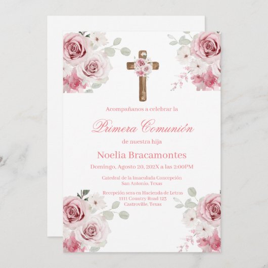 Pink rose first communion invitation in spanish  招待状 (正面/裏面)