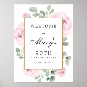 Pink Rose Floral 90th Birthday Welcome Sign ポスター