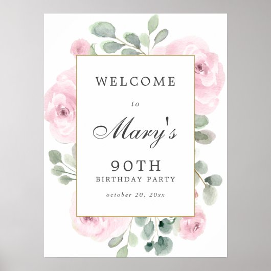Pink Rose Floral 90th Birthday Welcome Sign ポスター (正面)