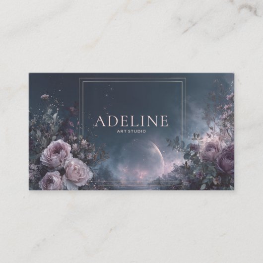 Pink Rose Floral and Celestial Planet Night Sky 名刺 (正面)