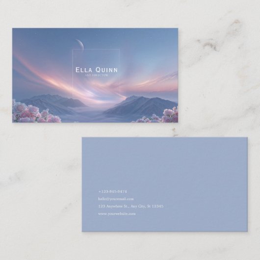 Pink Rose Floral and Celestial Twilight Mountain 名刺 (正面/裏面)