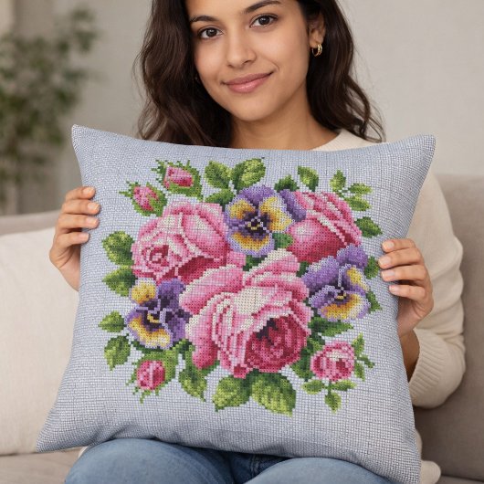 Pink Rose Floral Cross Stitch Throw Pillow クッション