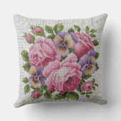 Pink Rose Floral Cross Stitch Throw Pillow クッション (裏面)