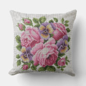 Pink Rose Floral Cross Stitch Throw Pillow クッション (正面)