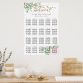 Pink Rose Floral Eucalyptus Wedding Seating Chart ポスター (キッチン)