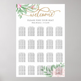 Pink Rose Floral Eucalyptus Wedding Seating Chart ポスター
