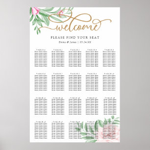 Pink Rose Floral Eucalyptus Wedding Seating Chart ポスター