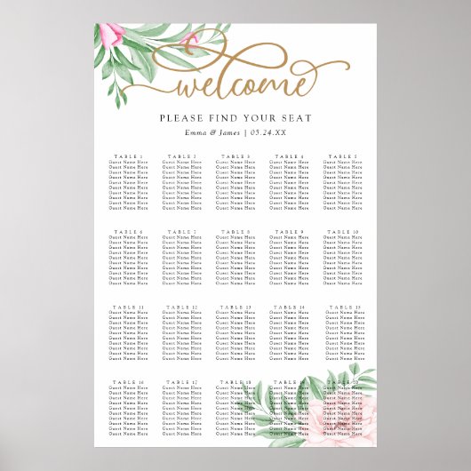 Pink Rose Floral Eucalyptus Wedding Seating Chart ポスター (正面)