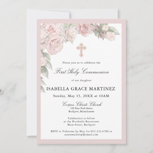 Pink Rose Floral First Communion Invitation 招待状 (正面)