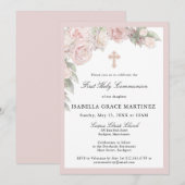 Pink Rose Floral First Communion Invitation 招待状 (正面/裏面)