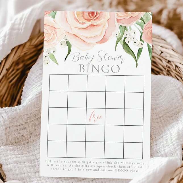 Pink Rose Floral Girl Baby Shower Bingo Game Card (クリエイターアップロード済み)