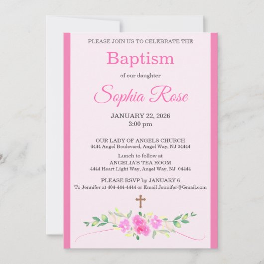 Pink Rose Floral Watercolor Cross Stripe Baptism 招待状 (正面)