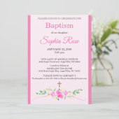 Pink Rose Floral Watercolor Cross Stripe Baptism 招待状 (スタンド正面)