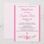 Pink Rose Floral Watercolor Cross Stripe Baptism 招待状 (正面/裏面)