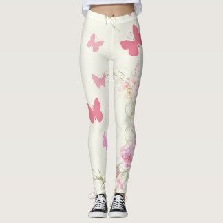 Pink, Rose Flowers and Butterflies レギンス