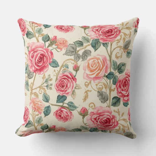 Pink Rose Flowers Pattern, Beautiful, Elegant クッション (正面)