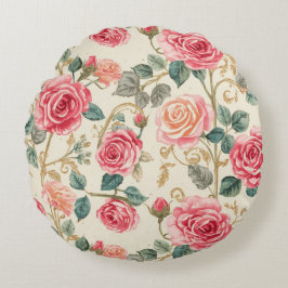 Pink Rose Flowers Pattern, Beautiful, Elegant ラウンドクッション